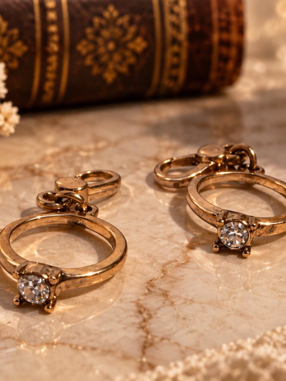 Pair of Gold-Tone Solitaire Ring Clip-On Charms / Zipper Pulls